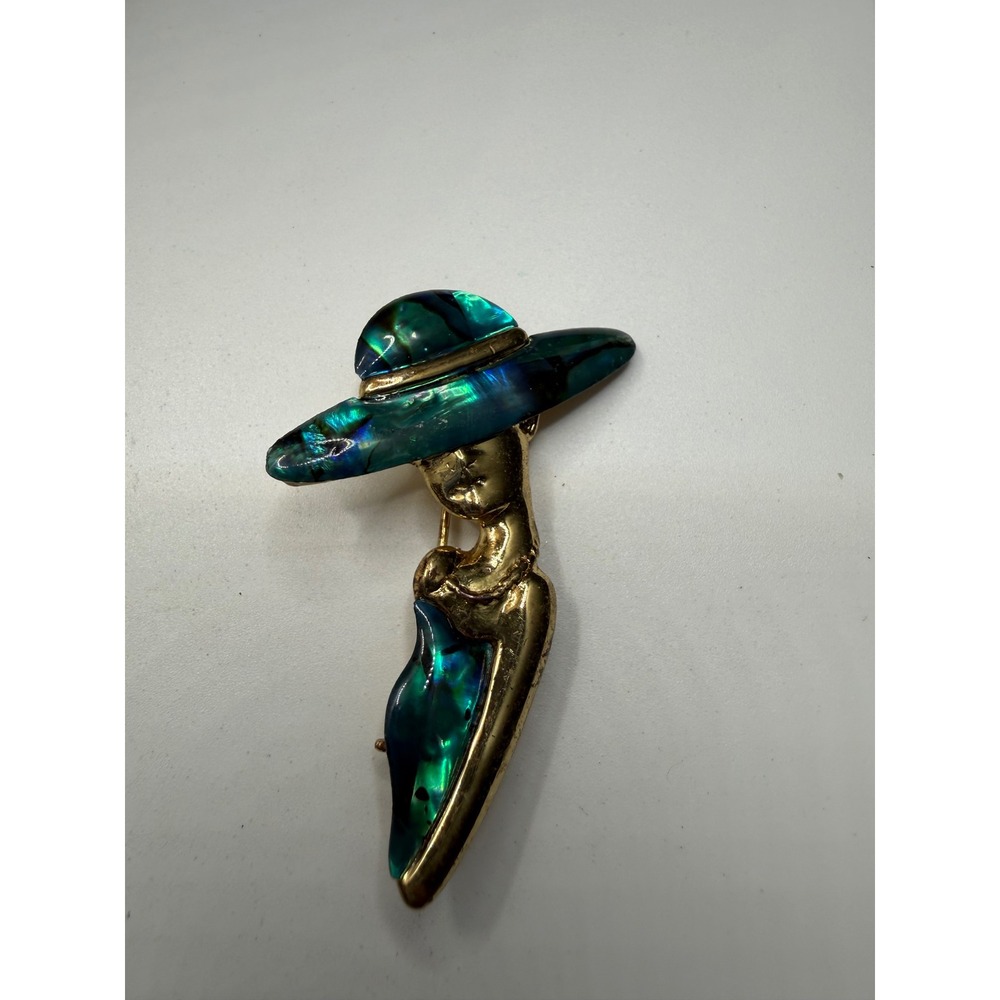 Vintage Gold Tone Abalone Shell Lady in Hat Brooch Pin Iridescent Figural